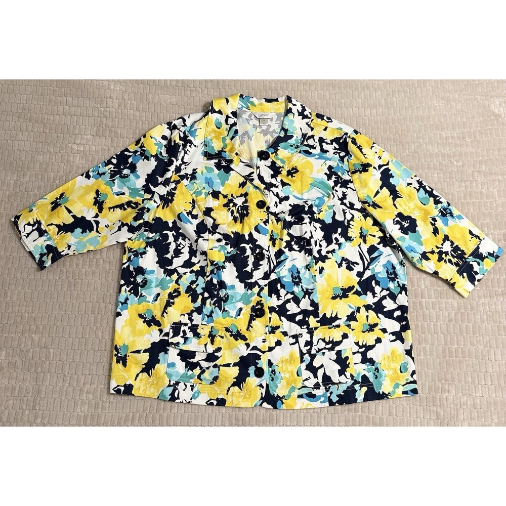 CJ Banks Womens 3X Floral Jacket Lightweight Button Front Plus Size Yellow Blue